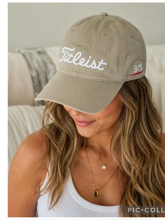 Titleist Khaki Dad Hat Adjustable Golf Cap 975 Script Logo Beige