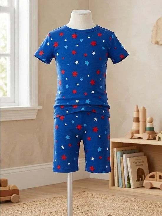 Toddler Blue Star Print Cotton Pajamas Set Size 4 Patriotic Short sleeve‎ Snug