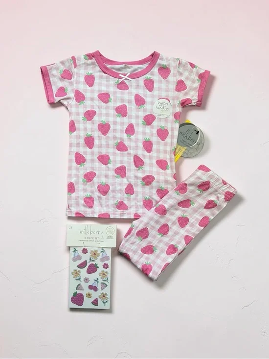 Milkberry Pink and white gingham Strawberry Print Kids Pajama Set 4T