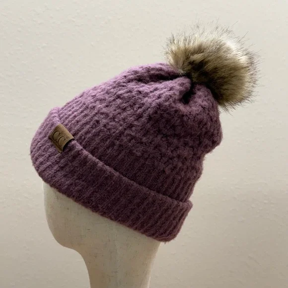 C.C Exclusives Fur Pom Pom Dark Rose Mauve Chunky Knit Ribbed Beanie Hat OneSize