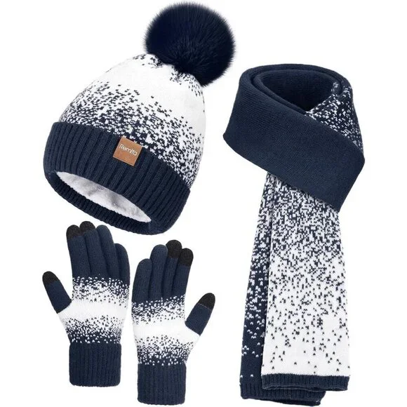Women's Blue White Winter Beanie Hat Scarf Gloves Set Pom Warm Christmas Gift