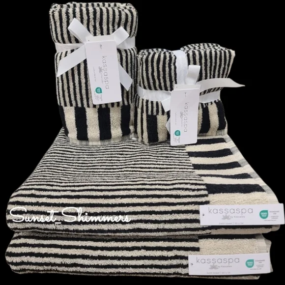 8pc Kassa Spa Tan & Black Stripe Plush Bath Hand Washcloth Towel Set 100% Cotton