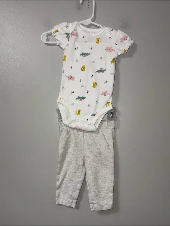 Carters White Floral Zoo Animals Body Suit & Gray Pants Set 0-3M Girls