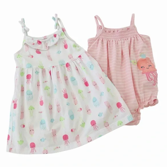 Carter's Pink & White Jellyfish Print Dress & Romper Onesie SET | Baby Girl 9MTH
