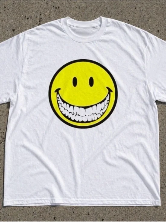 Big White Teeth Yellow Smiling Face American Retro White T-shirt