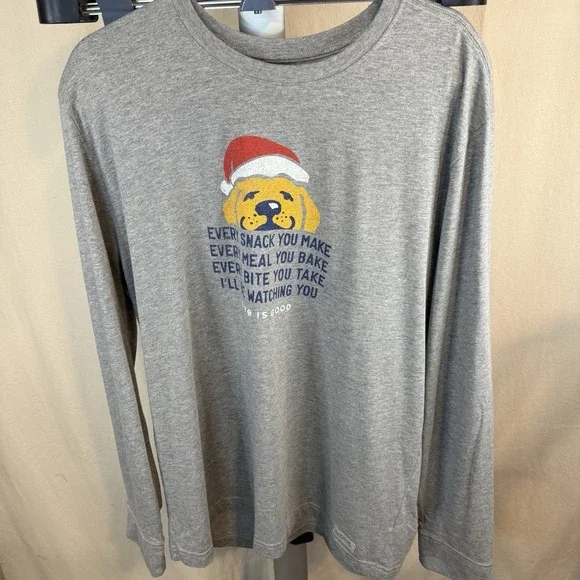 Life Is Good Shirt Holiday Men's Large Crusher Tee Man's Best Friend Gray Dog