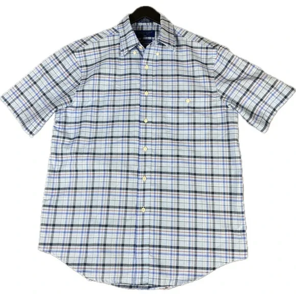 Towncraft‎ Mens Shirt Size M Blue Plaid Wrinkle Free Short Sleeve Button Up