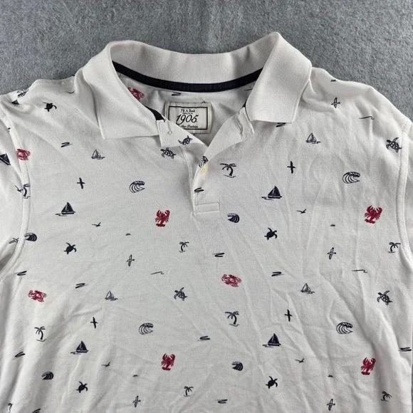 Jos A Bank Polo Shirt Mens Large White Nautical Lobster Sailboat Print Tailored