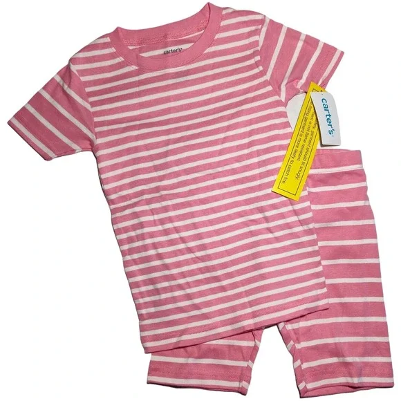 Carter's Sz 5 Girl 2pc Pajama Set Pink‎ White Stripe Cotton Shorts NWT