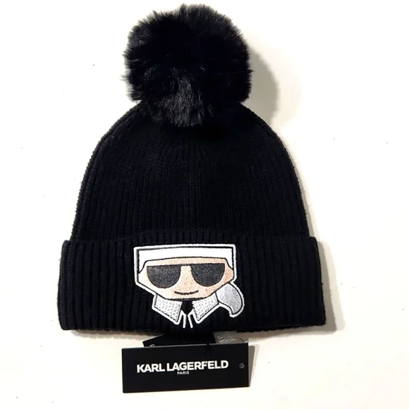 NWT Karl Lagerfeld Black Rhinestone Faux Fur Pom-Pom Beanie