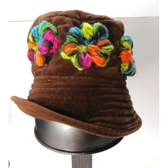 Bucket Hat Upcyled Colorful Crochet Puff Flowers 100% Cotton Onsize Velvet Feel
