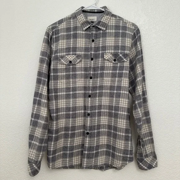 Civil Society Mens Small Gray Plaid Flannel Button Down Shirt Long Sleeve Cotton