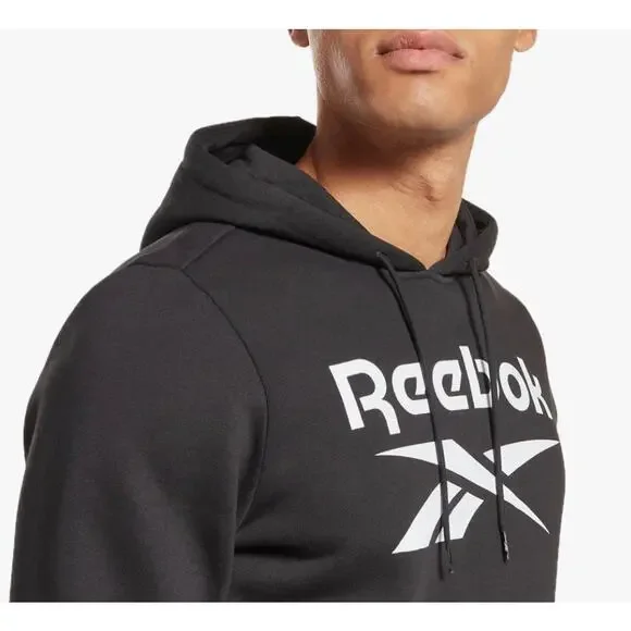 Reebok Mens Black Hooded Sweatshirt Size XXL Big Logo Spellout Gym Hoodie Lounge