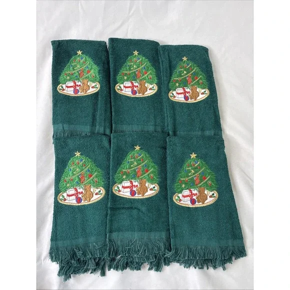 Vtg Christmas Fingertip Towels Set Of 6 Green Embroidered Teddy Bear Tree New