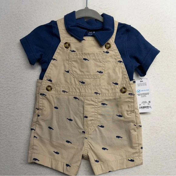 NWT Carters Short Overalls Whale Print 3 Months Boy‎ Polo Shirt Navy Cream