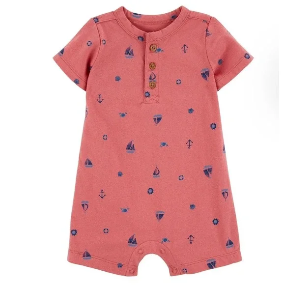 Carters 18m Baby Boys Nautical Sailboat Henley Romper Coral Pink Short Sleeve