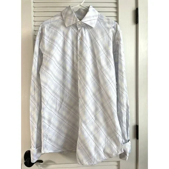 Banana Republic White Blue Pattern Collard Button Up Long Sleeve Men's Shirt L