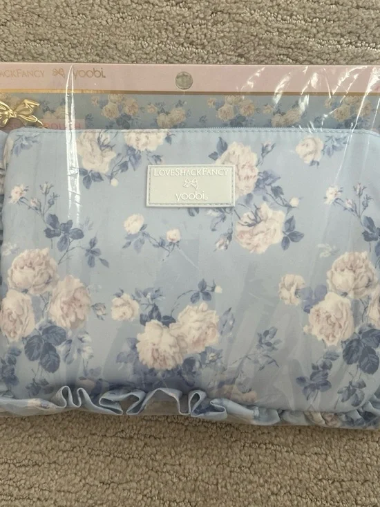 LoveShackFancy x target Light Blue Floral Cosmetic Pouch with Pink Rose Print