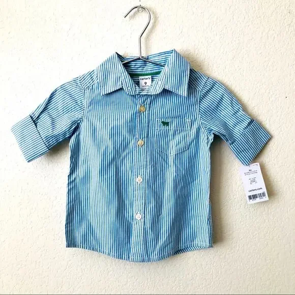 Carter’s blue white vertical stripe button down collared shirt top cuffed sleeve