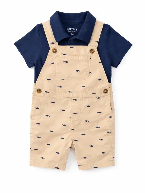 NWT Carter’s Toddler Boy 2 Piece Romper Set 18M Whale Print Overalls & Navy Polo