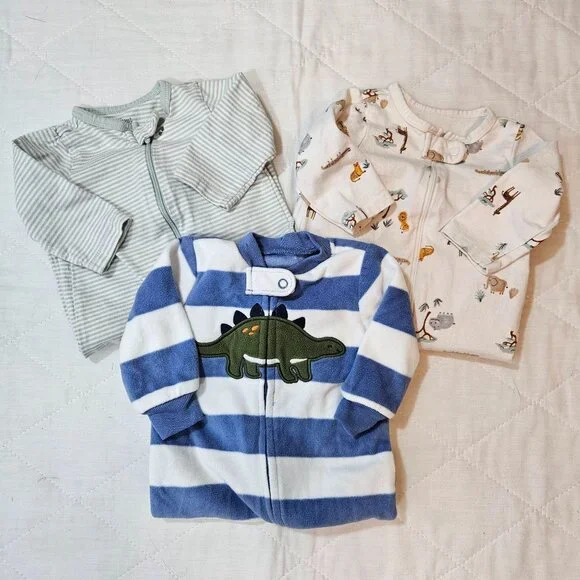Carters Baby Boy Footed Sleepers Pajamas Play Suits Sz 3M Lot‎ of 3 Zip-Up