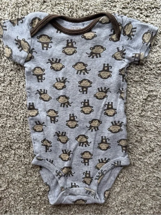 Carter’s Baby Bodysuit Gray Monkey Print Short Sleeve Onesie 6 Months Cotton