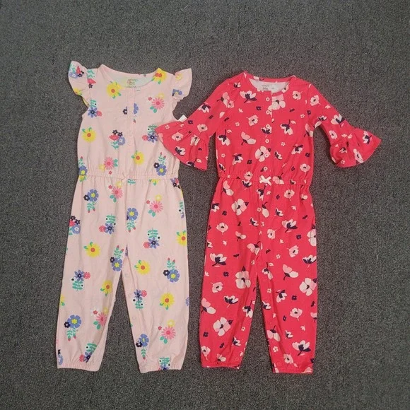 Carter's 24M Jumpsuit Set Toddler Girl Floral Ruffle Bell Sleeve Pink Red 2pk