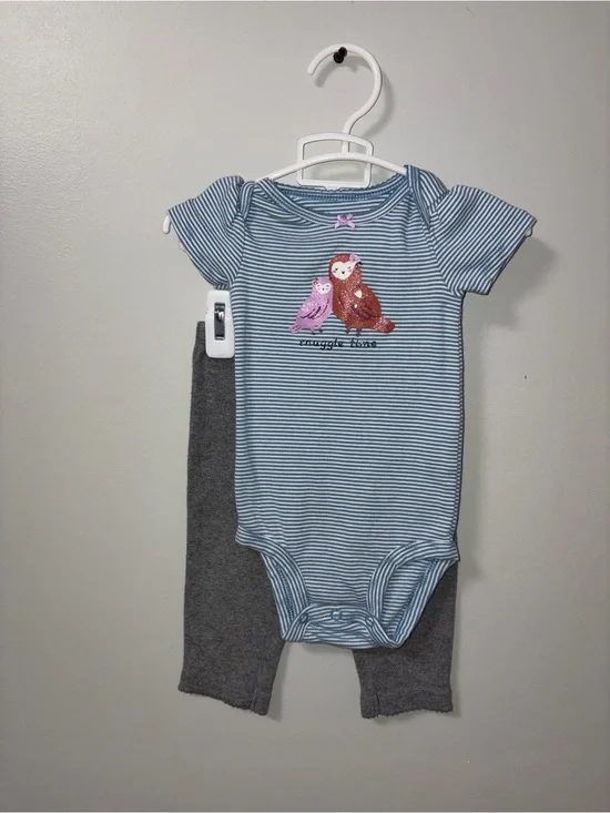Carters Blue Striped Owl Graphic Snuggle Time Body Suit & Gray Pants Set 6M