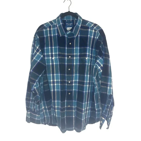 Vintage 90's Wrangler Western Shirt Blue Plaid‎ Pearl Snap Button Down XL