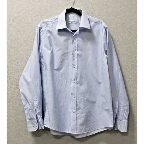 Yves Saint Laurent Mens Button Up Dress Shirt Blue and White Check 16.5 / 42