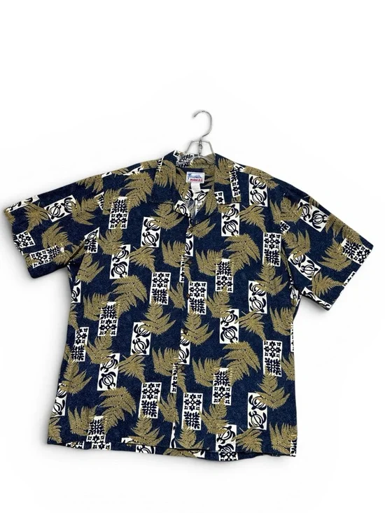 Men's Navy Turtle Palm Print Short-Sleeve Hawaiian Shirt Sz XL