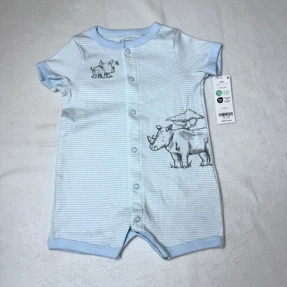 New Carters Rhino Baby Romper 6 Months Blue Striped One Piece Rhinoceros Cotton
