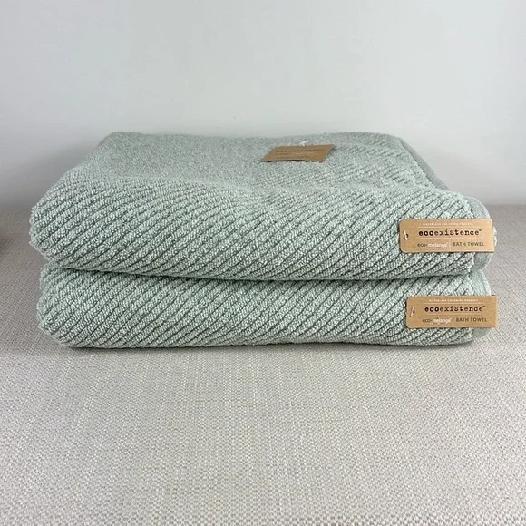 Ecoexistence Bath Towel Set Green Textured Zero Twist Loops Set of 2 NEW