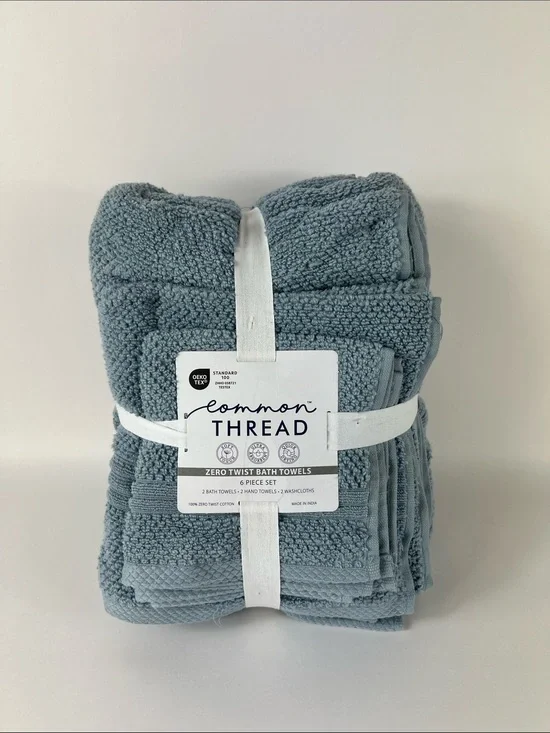 Common Thread Bath Towel Set Steel Blue Soft Zero Twist Cotton 6 Pc NEW