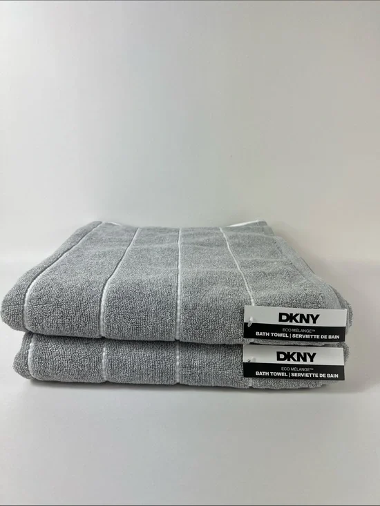 DKNY Bath Towel Set Eco Melange Light Gray White Soft Cotton Set of 2 NEW