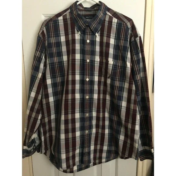 Men's Nautica 80's Two Ply Cotton Shirt Blue/Burgundy Plaid Sz L