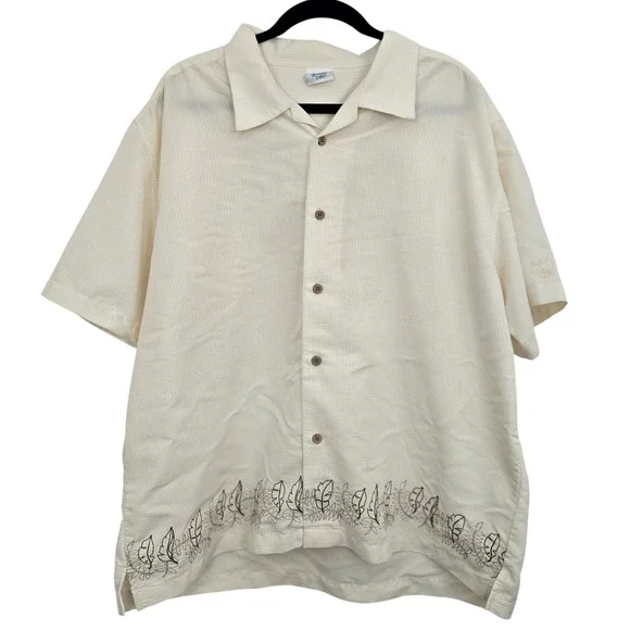Vintage Rainforest Cafe Shirt Mens XL Beige Embroidered Seersucker‎ Rayon Blend