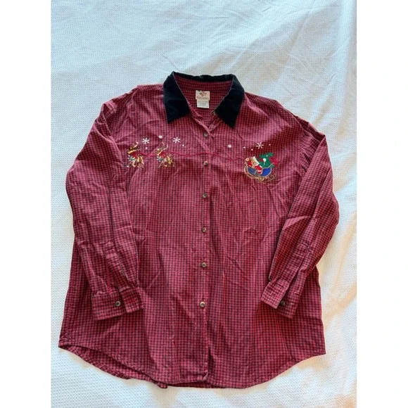 Nutcracker Mens Christmas Gingham Shirt Red Black Velvet Collar Santa XL
