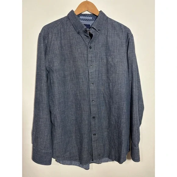 Tommy Bahama Dress Shirt L  Blue Plaid L/S Button Down Linen‎ Cotton Beach