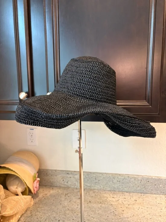 Black Crochet Wide-Brim Sun Hat for Women