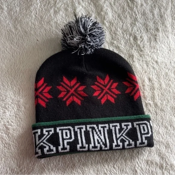 Victoria’s Secret PINK logo Christmas winter bobble beanie toboggan hat