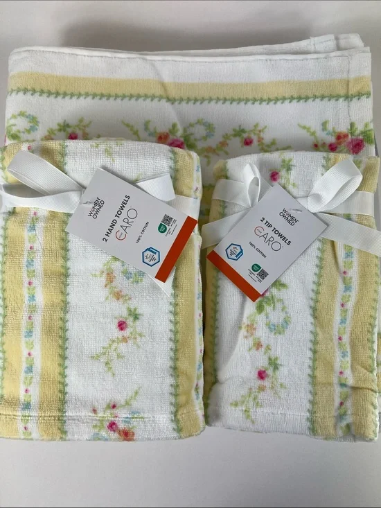 Caro Home Bath Towel  Set Floral Yellow White Green Pink Velour Cotton 6 Pc NEW