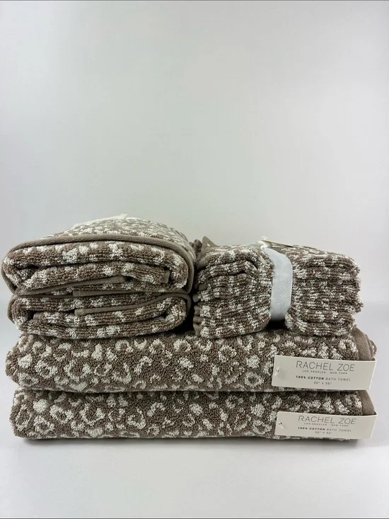 Rachel Zoe Bath Towels Tan Cream Leopard Animal Print 100% Cotton 8 Pc NEW