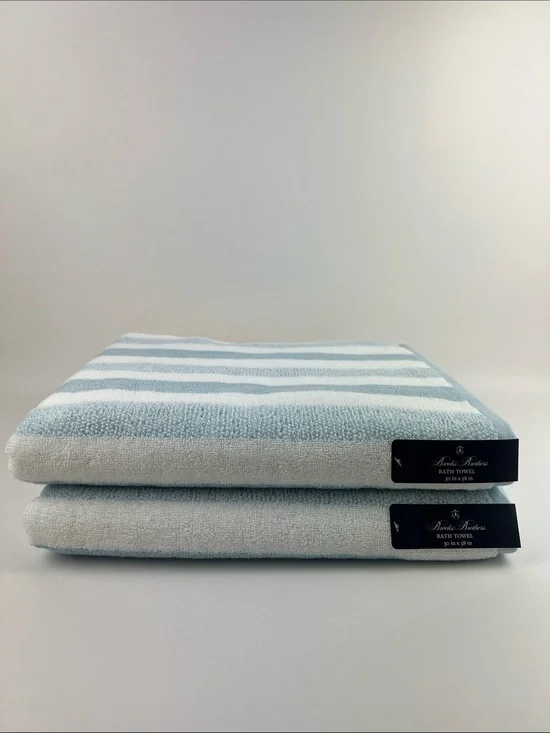 Brooks Brothers Bath Towels Light Blue & White Striped Soft 100% Cotton 2 Pc NEW