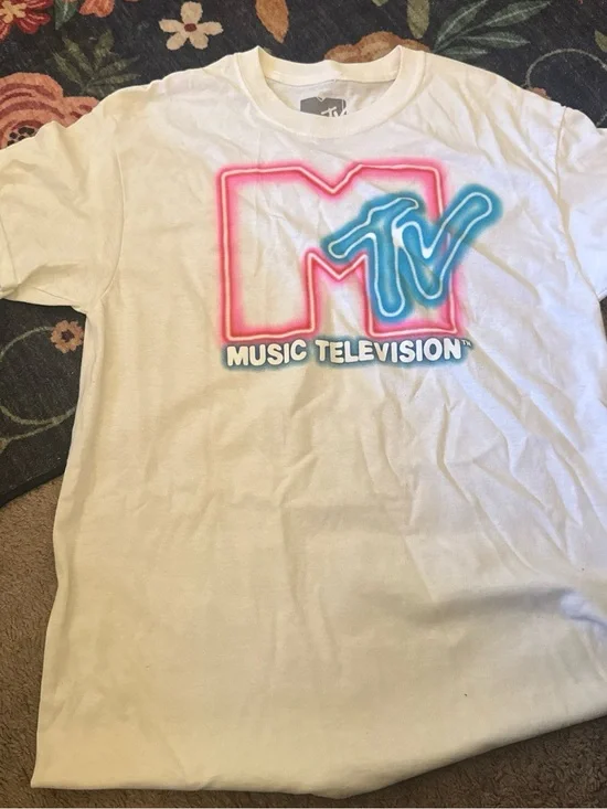 MTV White Tee with Pink and Blue Neon Logo