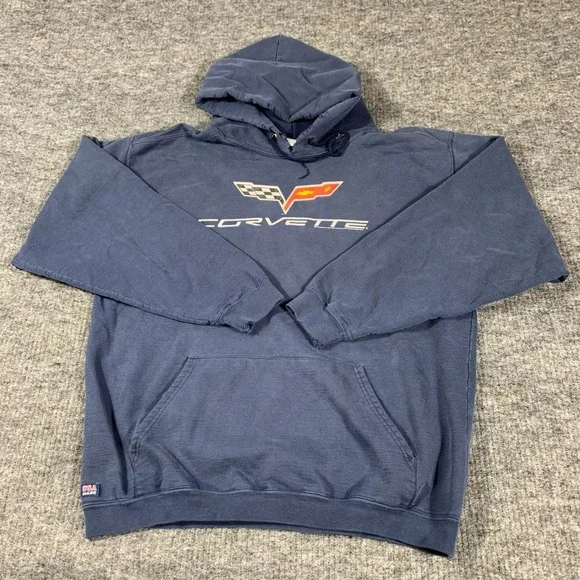 Vintage Corvette Racing Hoodie Mens Large Blue Faded Distressed‎ Y2K Sports Cars