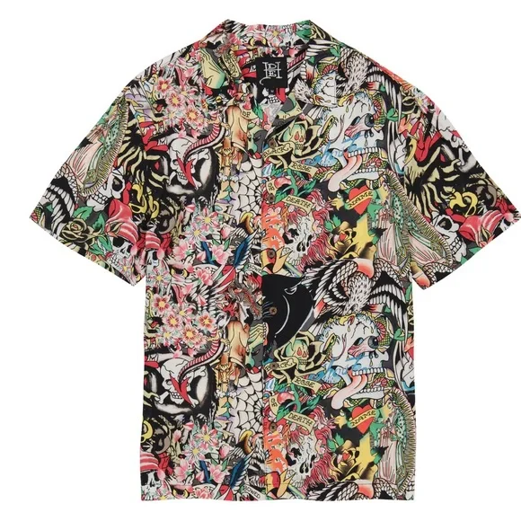 •Ink’d Up• Ed Hardy Tattoo Collage Button-Down Graphic Shirt