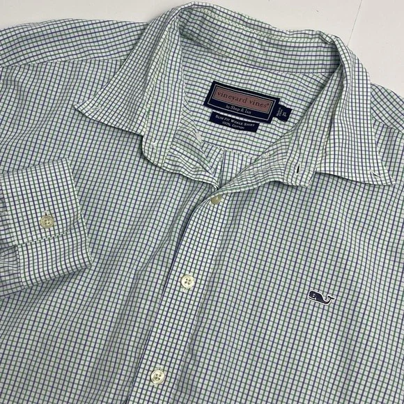 Vineyard Vines Men's XL White Green Purple Plaid Slim Fit Whale Checkered