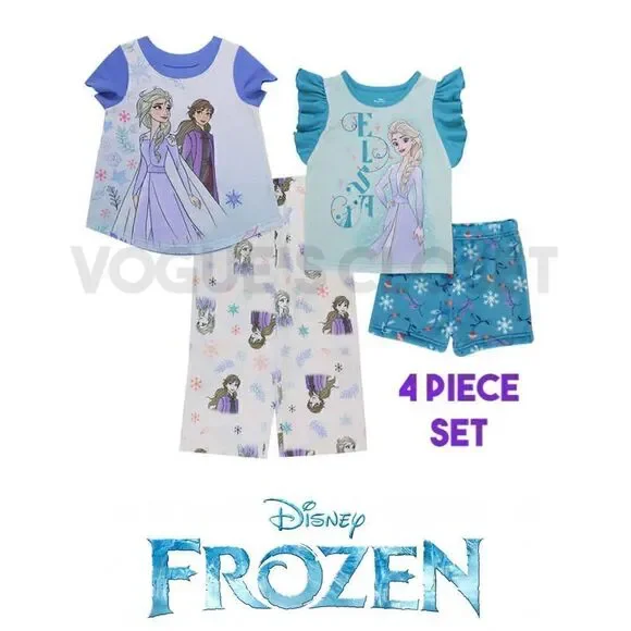 NEW! Frozen Kids' 4PC Cozy PJ Set- 2Short Sleeve Tops, 1Long Pant, 1Flee…