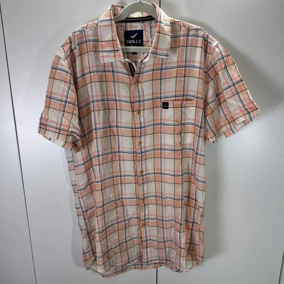 Twill Linen Plaid Peach Orange‎ Button Down Short Sleeve Shirt Mens Medium